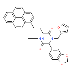 ChemSpider 2D Image | N-{1-(1,3-Benzodioxol-5-yl)-2-[(2-methyl-2-propanyl)amino]-2-oxoethyl}-N-(2-furylmethyl)-4-(1-pyrenyl)butanamide | C38H36N2O5