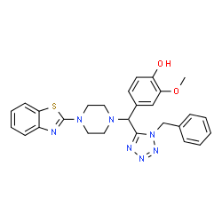 ChemSpider 2D Image | 4-{[4-(1,3-Benzothiazol-2-yl)-1-piperazinyl](1-benzyl-1H-tetrazol-5-yl)methyl}-2-methoxyphenol | C27H27N7O2S