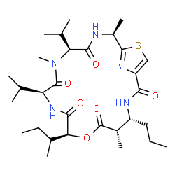 ChemSpider 2D Image | (2S,5S,8S,11S,14S,15R)-11-[(2R)-2-Butanyl]-5,8-diisopropyl-2,6,14-trimethyl-15-propyl-12-oxa-20-thia-3,6,9,16,21-pentaazabicyclo[16.2.1]henicosa-1(21),18-diene-4,7,10,13,17-pentone | C30H49N5O6S