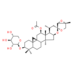 ChemSpider 2D Image | beta-D-xylopyranoside, (2S,4aR,5'R,5aR,7R,7aR,7bR,10S,11aS,12aS)-7-(acetyloxy)hexadecahydro-1,1,5',7a,8,12a-hexamethylspiro[5H-cyclopropa[1',8'a]naphth[2',1':4,5]indeno[2,1-b]pyran-10(2H),2'-[3,6]dioxabicyclo[3.1.0]hexan]-2-yl | C37H56O10