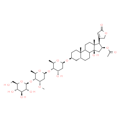 ChemSpider 2D Image | (3beta,5beta,8xi,9xi,16beta)-16-Acetoxy-3-{[beta-D-glucopyranosyl-(1->4)-2,6-dideoxy-3-O-methyl-beta-D-ribo-hexopyranosyl-(1->4)-2,6-dideoxy-beta-D-ribo-hexopyranosyl]oxy}-14-hydroxycard-20(22)-enolide | C44H68O17