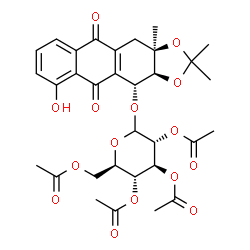 ChemSpider 2D Image | (3aS,4R,11aR)-6-Hydroxy-2,2,11a-trimethyl-5,10-dioxo-3a,4,5,10,11,11a-hexahydroanthra[2,3-d][1,3]dioxol-4-yl 2,3,4,6-tetra-O-acetyl-D-glucopyranoside | C32H36O15
