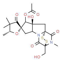 ChemSpider 2D Image | (1R,3S,5S,5'R,10R)-3-Hydroxy-10-(hydroxymethyl)-4',4',5',14-tetramethyl-3',9,13-trioxodihydro-3'H-spiro[11,12-dithia-8,14-diazatetracyclo[8.2.2.0~1,8~.0~3,7~]tetradecane-5,2'-furan]-4-yl acetate | C20H26N2O8S2