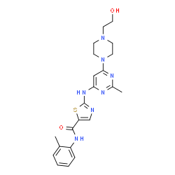 ChemSpider 2D Image | 2-({6-[4-(2-Hydroxyethyl)-1-piperazinyl]-2-methyl-4-pyrimidinyl}amino)-N-(2-methylphenyl)-1,3-thiazole-5-carboxamide | C22H27N7O2S