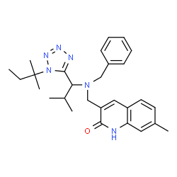 ChemSpider 2D Image | 3-[(Benzyl{2-methyl-1-[1-(2-methyl-2-butanyl)-1H-tetrazol-5-yl]propyl}amino)methyl]-7-methyl-2(1H)-quinolinone | C28H36N6O