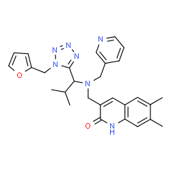ChemSpider 2D Image | 3-{[{1-[1-(2-Furylmethyl)-1H-tetrazol-5-yl]-2-methylpropyl}(3-pyridinylmethyl)amino]methyl}-6,7-dimethyl-2(1H)-quinolinone | C28H31N7O2