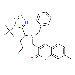ChemSpider 2D Image | 3-[(Benzyl{1-[1-(2-methyl-2-propanyl)-1H-tetrazol-5-yl]butyl}amino)methyl]-5,7-dimethyl-2(1H)-quinolinone | C28H36N6O