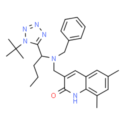 ChemSpider 2D Image | 3-[(Benzyl{1-[1-(2-methyl-2-propanyl)-1H-tetrazol-5-yl]butyl}amino)methyl]-6,8-dimethyl-2(1H)-quinolinone | C28H36N6O