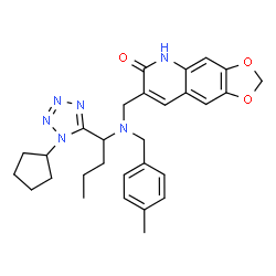 ChemSpider 2D Image | 7-({[1-(1-Cyclopentyl-1H-tetrazol-5-yl)butyl](4-methylbenzyl)amino}methyl)[1,3]dioxolo[4,5-g]quinolin-6(5H)-one | C29H34N6O3