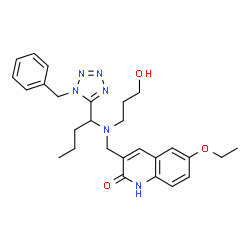 ChemSpider 2D Image | 3-({[1-(1-Benzyl-1H-tetrazol-5-yl)butyl](3-hydroxypropyl)amino}methyl)-6-ethoxy-2(1H)-quinolinone | C27H34N6O3