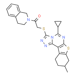 ChemSpider 2D Image | 2-[(5-Cyclopropyl-9-methyl-8,9,10,11-tetrahydro[1]benzothieno[3,2-e][1,2,4]triazolo[4,3-c]pyrimidin-3-yl)sulfanyl]-1-(3,4-dihydro-2(1H)-isoquinolinyl)ethanone | C26H27N5OS2