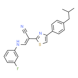 ChemSpider 2D Image | (2E)-3-[(3-Fluorophenyl)amino]-2-[4-(4-isobutylphenyl)-1,3-thiazol-2-yl]acrylonitrile | C22H20FN3S
