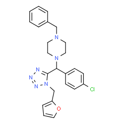 ChemSpider 2D Image | 1-Benzyl-4-{(4-chlorophenyl)[1-(2-furylmethyl)-1H-tetrazol-5-yl]methyl}piperazine | C24H25ClN6O