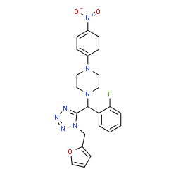 ChemSpider 2D Image | 1-{(2-Fluorophenyl)[1-(2-furylmethyl)-1H-tetrazol-5-yl]methyl}-4-(4-nitrophenyl)piperazine | C23H22FN7O3