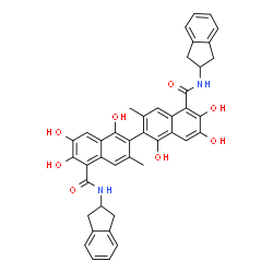 ChemSpider 2D Image | N,N'-Di(2,3-dihydro-1H-inden-2-yl)-1,1',6,6',7,7'-hexahydroxy-3,3'-dimethyl-2,2'-binaphthalene-5,5'-dicarboxamide | C42H36N2O8