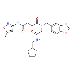 ChemSpider 2D Image | N-(1,3-Benzodioxol-5-ylmethyl)-N'-(5-methyl-1,2-oxazol-3-yl)-N-{2-oxo-2-[(tetrahydro-2-furanylmethyl)amino]ethyl}succinamide | C23H28N4O7