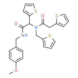 ChemSpider 2D Image | N-{2-[(4-Methoxybenzyl)amino]-2-oxo-1-(2-thienyl)ethyl}-2-(2-thienyl)-N-(2-thienylmethyl)acetamide | C25H24N2O3S3
