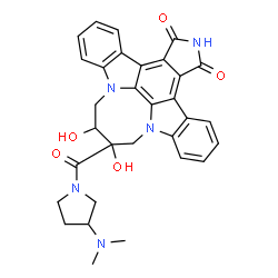 ChemSpider 2D Image | 6-{[3-(Dimethylamino)-1-pyrrolidinyl]carbonyl}-6,7-dihydroxy-5,6,7,8-tetrahydro-13H-4b,8a,14-triazadibenzo[b,h]cycloocta[1,2,3,4-jkl]cyclopenta[e]-as-indacene-13,15(14H)-dione | C31H29N5O5