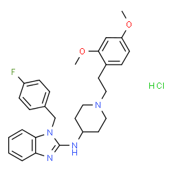 ChemSpider 2D Image | N-{1-[2-(2,4-Dimethoxyphenyl)ethyl]-4-piperidinyl}-1-(4-fluorobenzyl)-1H-benzimidazol-2-amine hydrochloride (1:1) | C29H34ClFN4O2