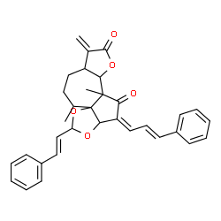 ChemSpider 2D Image | (5Z)-3b,9-Dimethyl-1-methylene-5-[(2E)-3-phenyl-2-propen-1-ylidene]-7-[(E)-2-phenylvinyl]hexahydro-3aH-furo[2',3':4,5]azuleno[1,8a-d][1,3]dioxole-2,4(1H,3bH)-dione | C33H32O5