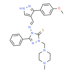 ChemSpider 2D Image | 4-[(E)-{[3-(4-Methoxyphenyl)-1H-pyrazol-4-yl]methylene}amino]-2-[(4-methyl-1-piperazinyl)methyl]-5-phenyl-2,4-dihydro-3H-1,2,4-triazole-3-thione | C25H28N8OS