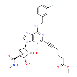 ChemSpider 2D Image | Methyl 6-{6-[(3-chlorobenzyl)amino]-9-[(1S,2R,3S,4R,5R)-3,4-dihydroxy-5-(methylcarbamoyl)bicyclo[3.1.0]hex-2-yl]-9H-purin-2-yl}-5-hexynoate | C27H29ClN6O5