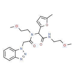 ChemSpider 2D Image | 2-(1H-Benzotriazol-1-yl)-N-(2-methoxyethyl)-N-{2-[(2-methoxyethyl)amino]-1-(5-methyl-2-furyl)-2-oxoethyl}acetamide | C21H27N5O5