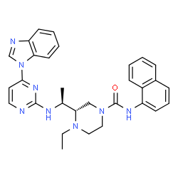 ChemSpider 2D Image | (3S)-3-[(1S)-1-{[4-(1H-Benzimidazol-1-yl)-2-pyrimidinyl]amino}ethyl]-4-ethyl-N-(1-naphthyl)-1-piperazinecarboxamide | C30H32N8O