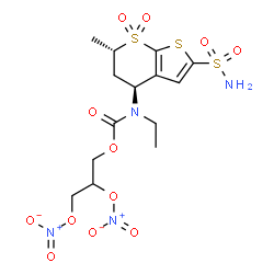 ChemSpider 2D Image | 2,3-Bis(nitrooxy)propyl ethyl[(4S,6S)-6-methyl-7,7-dioxido-2-sulfamoyl-5,6-dihydro-4H-thieno[2,3-b]thiopyran-4-yl]carbamate | C14H20N4O12S3