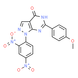 ChemSpider 2D Image | 1-(2,4-Dinitrophenyl)-6-(4-methoxyphenyl)-1,5-dihydro-4H-pyrazolo[3,4-d]pyrimidin-4-one | C18H12N6O6
