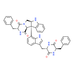 ChemSpider 2D Image | (3R,6aS,11bS,11cS)-3-Benzyl-11b-(3-{[(2S,5R)-5-benzyl-3,6-dioxo-2-piperazinyl]methyl}-1H-indol-7-yl)-6a,7,11b,11c-tetrahydro-2H-pyrazino[1',2':1,5]pyrrolo[3,4-b]indole-1,4(3H,6H)-dione | C40H36N6O4