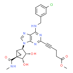 ChemSpider 2D Image | Methyl 5-{6-[(3-chlorobenzyl)amino]-9-[(1S,2R,3S,4R,5R)-3,4-dihydroxy-5-(methylcarbamoyl)bicyclo[3.1.0]hex-2-yl]-9H-purin-2-yl}-4-pentynoate | C26H27ClN6O5