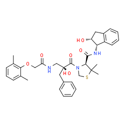 ChemSpider 2D Image | (4S)-3-[(2S)-2-Benzyl-3-{[(2,6-dimethylphenoxy)acetyl]amino}-2-hydroxypropanoyl]-N-[(1S,2R)-2-hydroxy-2,3-dihydro-1H-inden-1-yl]-5,5-dimethyl-1,3-thiazolidine-4-carboxamide | C35H41N3O6S
