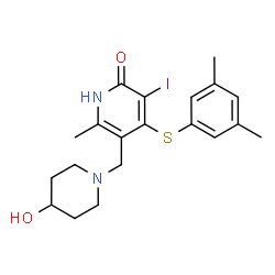 ChemSpider 2D Image | 4-[(3,5-Dimethylphenyl)sulfanyl]-5-[(4-hydroxy-1-piperidinyl)methyl]-3-iodo-6-methyl-2(1H)-pyridinone | C20H25IN2O2S