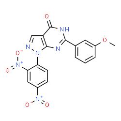 ChemSpider 2D Image | 1-(2,4-Dinitrophenyl)-6-(3-methoxyphenyl)-1,5-dihydro-4H-pyrazolo[3,4-d]pyrimidin-4-one | C18H12N6O6