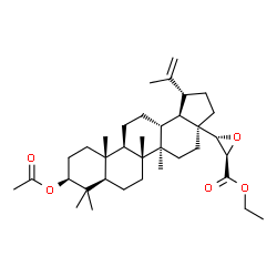 ChemSpider 2D Image | Ethyl (2R,3S)-3-[(1R,3aS,5aR,5bR,7aR,9S,11aR,11bR,13aR,13bR)-9-acetoxy-1-isopropenyl-5a,5b,8,8,11a-pentamethylicosahydro-3aH-cyclopenta[a]chrysen-3a-yl]-2-oxiranecarboxylate | C36H56O5