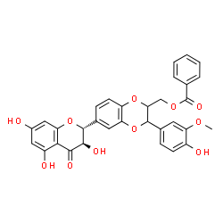 ChemSpider 2D Image | {3-(4-Hydroxy-3-methoxyphenyl)-6-[(2R,3R)-3,5,7-trihydroxy-4-oxo-3,4-dihydro-2H-chromen-2-yl]-2,3-dihydro-1,4-benzodioxin-2-yl}methyl benzoate | C32H26O11
