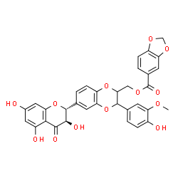 ChemSpider 2D Image | {3-(4-Hydroxy-3-methoxyphenyl)-6-[(2R,3R)-3,5,7-trihydroxy-4-oxo-3,4-dihydro-2H-chromen-2-yl]-2,3-dihydro-1,4-benzodioxin-2-yl}methyl 1,3-benzodioxole-5-carboxylate | C33H26O13