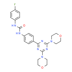 ChemSpider 2D Image | 1-{4-[4,6-Di(4-morpholinyl)-1,3,5-triazin-2-yl]phenyl}-3-(4-fluorophenyl)urea | C24H26FN7O3