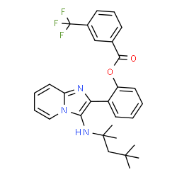 ChemSpider 2D Image | 2-{3-[(2,4,4-Trimethyl-2-pentanyl)amino]imidazo[1,2-a]pyridin-2-yl}phenyl 3-(trifluoromethyl)benzoate | C29H30F3N3O2