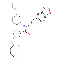 ChemSpider 2D Image | N-[2-(1,3-Benzodioxol-5-yl)ethyl]-4-(cyclooctylamino)-1-(1-propyl-4-piperidinyl)prolinamide | C30H48N4O3