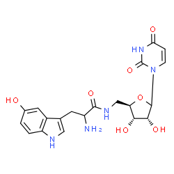 ChemSpider 2D Image | 2-Amino-N-{[(2R,3S,4R)-5-(2,4-dioxo-3,4-dihydro-1(2H)-pyrimidinyl)-3,4-dihydroxytetrahydro-2-furanyl]methyl}-3-(5-hydroxy-1H-indol-3-yl)propanamide | C20H23N5O7