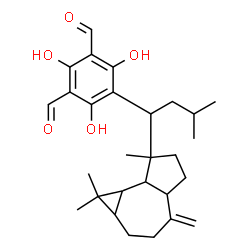ChemSpider 2D Image | 2,4,6-Trihydroxy-5-[3-methyl-1-(1,1,7-trimethyl-4-methylenedecahydro-1H-cyclopropa[e]azulen-7-yl)butyl]isophthalaldehyde | C28H38O5