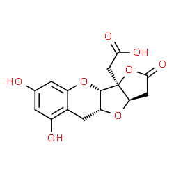 ChemSpider 2D Image | [(3aR,4aR,10aS,10bS)-6,8-Dihydroxy-2-oxo-3,3a,4a,10a-tetrahydro-2H-furo[2',3':4,5]furo[3,2-b]chromen-10b(5H)-yl]acetic acid | C15H14O8