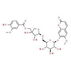 ChemSpider 2D Image | 6-Methoxy-2-oxo-2H-chromen-7-yl 6-O-[(2R,3R,4S)-3,4-dihydroxy-4-{[(4-hydroxy-3-methoxybenzoyl)oxy]methyl}tetrahydro-2-furanyl]-beta-D-glucopyranoside | C29H32O16