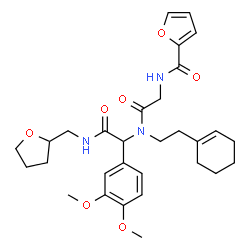 ChemSpider 2D Image | N-[2-([2-(1-Cyclohexen-1-yl)ethyl]{1-(3,4-dimethoxyphenyl)-2-oxo-2-[(tetrahydro-2-furanylmethyl)amino]ethyl}amino)-2-oxoethyl]-2-furamide | C30H39N3O7