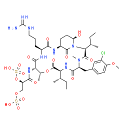 ChemSpider 2D Image | (2R)-3-{[(2S,5S,8S,11R,12S,15S,18S,21R)-2,8-Di[(2S)-2-butanyl]-15-(3-carbamimidamidopropyl)-5-(3-chloro-4-methoxybenzyl)-21-hydroxy-4,11-dimethyl-3,6,9,13,16,22-hexaoxo-10-oxa-1,4,7,14,17-pentaazabicy
clo[16.3.1]docos-12-yl]amino}-3-oxo-1,2-propanediyl bis(hydrogen sulfate) | C41H64ClN9O18S2