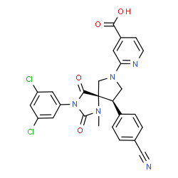 ChemSpider 2D Image | 2-[(5S,9R)-9-(4-Cyanophenyl)-3-(3,5-dichlorophenyl)-1-methyl-2,4-dioxo-1,3,7-triazaspiro[4.4]non-7-yl]isonicotinic acid | C26H19Cl2N5O4