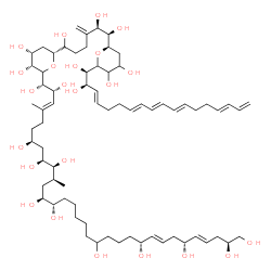 ChemSpider 2D Image | (2S,4E,6R,8E,10R,20S,21S,23S,24S,25S,27S,30E,32R,33S)-33-{(3R,4R,6R)-6-[(5R,6R)-6-{(2R)-6-[(1R,2R,3E,7E,9E,11E,15E)-1,2-Dihydroxy-3,7,9,11,15,17-octadecahexaen-1-yl]-4,5-dihydroxytetrahydro-2H-pyran-2
-yl}-1,5,6-trihydroxy-4-methylenehexyl]-3,4-dihydroxytetrahydro-2H-pyran-2-yl}-23,30-dimethyl-4,8,30-tritriacontatriene-1,2,6,10,14,20,21,24,25,27,32,33-dodecol | C70H118O23