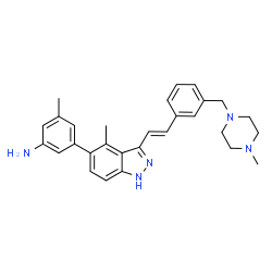 ChemSpider 2D Image | 3-Methyl-5-{4-methyl-3-[(E)-2-{3-[(4-methyl-1-piperazinyl)methyl]phenyl}vinyl]-1H-indazol-5-yl}aniline | C29H33N5